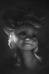 Size: 720x1080 | Tagged: safe, artist:assasinmonkey, imported from derpibooru, applejack, earth pony, pony, bust, dramatic lighting, female, grayscale, looking up, mare, monochrome, portrait, signature, smiling, solo