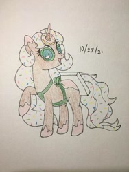 Size: 394x525 | Tagged: safe, artist:carty, imported from derpibooru, oc, oc only, oc:donut daydream, pony, unicorn, clothes, costume, donut, female, food, horn, mare, solo, starbucks, traditional art, unicorn oc