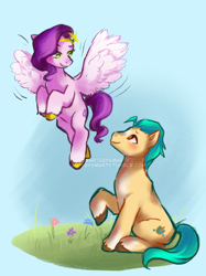 Size: 1280x1707 | Tagged: safe, artist:artsbysmarty, imported from derpibooru, hitch trailblazer, pipp petals, earth pony, pegasus, pony, female, flying, g5, grin, hitchpipp, looking at each other, male, mare, my little pony: a new generation, shipping, sitting, smiling, smiling at each other, spread wings, stallion, straight, wings