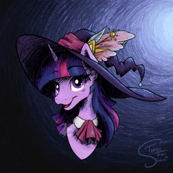 Size: 2048x2048 | Tagged: safe, artist:turtletroutstudios, imported from derpibooru, twilight sparkle, pony, bust, clothes, costume, female, hat, high res, nightmare night costume, portrait, solo, witch hat