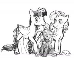 Size: 1639x1281 | Tagged: safe, artist:spectralunicorn, imported from derpibooru, twilight sparkle, oc, oc:nyx, alicorn, pony, black and white, female, filly, grayscale, mare, monochrome, simple background, sketch, smiling, trio, twilight sparkle (alicorn), white background