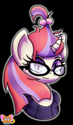 Size: 423x723 | Tagged: safe, artist:juniortheherowriter, imported from derpibooru, moondancer, pony, unicorn, black background, bust, female, mare, portrait, simple background, solo, watermark, white outline