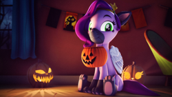 Size: 3840x2160 | Tagged: safe, artist:psfmer, imported from derpibooru, pipp petals, cat, pony, 3d, adorapipp, clothes, cosplay, costume, cute, download at source, g5, halloween, halloween costume, high res, holiday, jack-o-lantern, my little pony: a new generation, pumpkin, source filmmaker