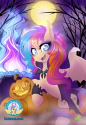 Size: 620x900 | Tagged: safe, artist:lolopan, imported from derpibooru, oc, oc only, oc:golden gates, bat pony, pony, babscon, female, halloween, holiday, jack-o-lantern, mascot, open mouth, pumpkin, solo