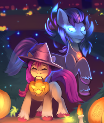 Size: 1100x1300 | Tagged: safe, artist:freak-side, imported from derpibooru, sunny starscout, earth pony, ghost, pony, undead, argyle starshine, female, filly, filly sunny starscout, g5, glowing, glowing eyes, halloween, hat, holiday, male, mouth hold, my little pony: a new generation, pumpkin, pumpkin bucket, stallion, witch hat