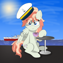 Size: 8000x8000 | Tagged: safe, artist:ignacio, imported from derpibooru, oc, oc only, oc:tea dip, pegasus, pony, equestria at war mod, absurd file size, absurd resolution, battleship, blushing, cup, eye clipping through hair, eyebrows, eyebrows visible through hair, female, hat, looking at you, mare, ocean, pegasus oc, sitting, smiling, smiling at you, solo, table, teacup