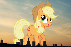 Size: 1600x1071 | Tagged: safe, artist:90sigma, artist:thegiantponyfan, imported from derpibooru, applejack, earth pony, pony, cowboy hat, female, giant pony, giant/macro earth pony, giantess, hat, highrise ponies, irl, macro, mare, mega applejack, mega giant, photo, poland, ponies in real life, stetson, warsaw