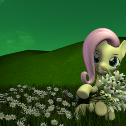 Size: 2160x2160 | Tagged: safe, artist:charismatic pony, imported from derpibooru, fluttershy, pegasus, pony, 3d, album cover, album parody, cloud, female, flower, grass, green sky, haste the day, high res, hill, parody, ponified, ponified album cover, revamped ponies, sitting, solo, source filmmaker, when everything falls