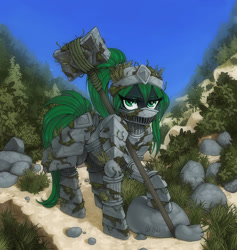 Size: 1214x1280 | Tagged: safe, artist:st. oni, imported from derpibooru, oc, oc only, oc:sekai, pony, armor, armored pony, commission, detailed background, female, grass, green eyes, green mane, hummer, moss, nature, sky, solo, stone, weapon