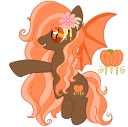 Size: 1129x1120 | Tagged: safe, artist:madlilon2051, imported from derpibooru, oc, oc only, bat pony, pony, base used, bat pony oc, bat wings, female, flower, flower in hair, flying, mare, pumpkin, raised hoof, simple background, slit pupils, solo, transparent background, wings