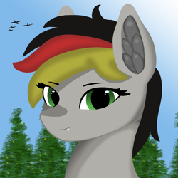 Size: 2000x2000 | Tagged: safe, artist:ignacio, imported from derpibooru, oc, oc only, oc:anja snow, pony, eye clipping through hair, female, green eyes, high res, looking at you, multicolored hair, plane, sky, smiling, solo, tree