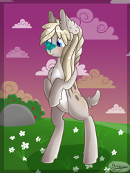 Size: 1500x2000 | Tagged: safe, artist:herusann, imported from derpibooru, oc, oc only, butterfly, earth pony, pony, cloud, ear fluff, earth pony oc, eyelashes, outdoors, rearing, signature, solo