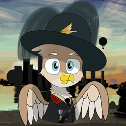 Size: 4000x4000 | Tagged: safe, artist:doughnutwubbs, artist:ignacio, imported from derpibooru, oc, oc only, oc:alberto of torre, griffon, equestria at war mod, absurd resolution, bust, clothes, griffon oc, looking at you, male, military hat, military uniform, smiling, smiling at you, solo, uniform, wings