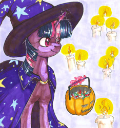 Size: 1280x1370 | Tagged: safe, artist:tigra0118, imported from derpibooru, twilight sparkle, pony, unicorn, candle, cape, clothes, costume, female, glowing, glowing horn, halloween, halloween costume, hat, holiday, horn, mage, magic, mare, marker drawing, pumpkin bucket, solo, telekinesis, traditional art, witch hat