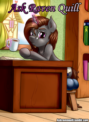 Size: 1500x2050 | Tagged: safe, artist:renatethepony, imported from derpibooru, oc, oc only, oc:raven quill, pony, unicorn, ask, book, bookshelf, cup, glasses, glowing, glowing horn, horn, indoors, magic, male, solo, stallion, telekinesis, unicorn oc