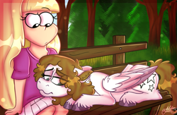 Size: 1149x750 | Tagged: safe, artist:millefaller, imported from derpibooru, oc, human, pegasus, pony, bench, crossover, duo, eyelashes, female, gravity falls, lying down, mare, outdoors, pacifica northwest, pegasus oc, prone, sad, tree, unshorn fetlocks, wings