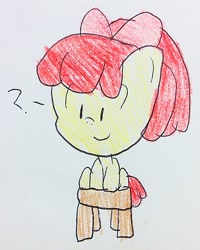 Size: 542x677 | Tagged: safe, artist:pippiminafowell, imported from derpibooru, apple bloom, earth pony, pony, chair, female, filly, question mark, sitting, solo, traditional art