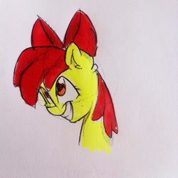 Size: 640x640 | Tagged: safe, artist:alwayspony, imported from derpibooru, apple bloom, earth pony, pony, bust, female, filly, grin, portrait, smiling, solo, traditional art