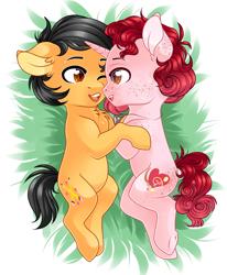 Size: 1600x1940 | Tagged: safe, artist:schokocream, imported from derpibooru, oc, oc:jess, earth pony, pony, unicorn, cuddling, earth pony oc, horn, hug, one eye closed, smiling, unicorn oc, wink