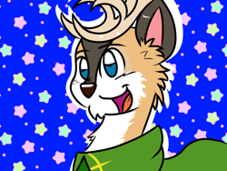 Size: 1024x768 | Tagged: safe, artist:tranzmuteproductions, imported from derpibooru, oc, oc only, oc:tyandaga, deer, reindeer, :d, antlers, clothes, cute, male, ocbetes, open mouth, open smile, smiling, solo, stars