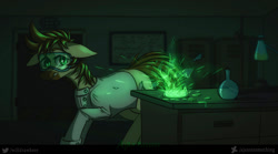 Size: 1495x834 | Tagged: safe, artist:ajax, artist:ajaxorsomething, artist:willdrawhere, imported from derpibooru, oc, oc only, oc:calpain, earth pony, pony, chemistry, clothes, dark, explosion, glowing, green light, lab coat, solo