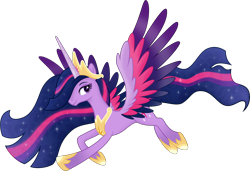 Size: 8000x5462 | Tagged: safe, artist:negatif22, imported from derpibooru, twilight sparkle, alicorn, pony, the last problem, absurd resolution, colored wings, crown, cutie mark, ethereal mane, female, flying, hoof shoes, jewelry, looking at you, mare, multicolored wings, older, older twilight, peytral, princess twilight 2.0, regalia, simple background, smiling, smiling at you, solo, spread wings, starry mane, transparent background, twilight sparkle (alicorn), wings