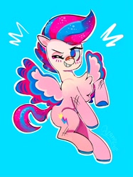 Size: 1173x1571 | Tagged: source needed, safe, artist:aza-mazing, imported from derpibooru, zipp storm, pegasus, pony, spoiler:g5, spoiler:my little pony: a new generation, bandaid, bandaid on nose, blue background, blushing, chest fluff, female, g5, grin, mare, my little pony: a new generation, one eye closed, simple background, smiling, solo, spread wings, wings, wink