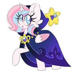 Size: 1280x1280 | Tagged: safe, artist:ladylullabystar, imported from derpibooru, oc, oc only, oc:lullaby star, alicorn, pony, :o, alicorn oc, cloak, clothes, eye clipping through hair, eyebrows, eyebrows visible through hair, female, horn, mare, open mouth, raised hoof, simple background, solo, transparent background, wings