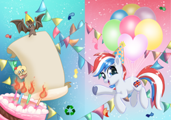 Size: 900x635 | Tagged: safe, artist:avui, imported from derpibooru, oc, oc only, oc:britannia, oc:britannia (uk ponycon), bat, pony, balloon, cake, food, party, scroll, solo, uk ponycon, ukponycon