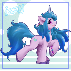 Size: 2000x2000 | Tagged: safe, artist:ragurimo, imported from derpibooru, izzy moonbow, pony, unicorn, bracelet, female, g5, high res, jewelry, looking at you, mare, my little pony: a new generation, open mouth, open smile, raised hoof, smiling, smiling at you, solo, standing on two hooves