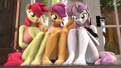 Size: 3840x2160 | Tagged: safe, artist:hunterz263, artist:kenaga, imported from derpibooru, apple bloom, scootaloo, sweetie belle, anthro, earth pony, pegasus, plantigrade anthro, unicorn, 3d, breasts, busty apple bloom, cleavage, clothes, cutie mark crusaders, denim shorts, eyelashes, feet, female, flip-flops, grin, high res, looking at you, nail polish, nexgen, older, older apple bloom, older cmc, older scootaloo, older sweetie belle, sandals, shorts, shoulderless, shoulderless shirt, sitting, smiling, smiling at you, source filmmaker, spread wings, tanktop, toenail polish, toes, trio, trio female, wings