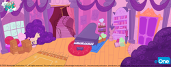 Size: 3040x1200 | Tagged: safe, artist:emiliesart, imported from derpibooru, dear tabby, my little pony: pony life, background, bookshelf, box, concept art, eone, g4.5, gem, mannequin, musical instrument, my little pony logo, no pony, official, piano, rarity's house