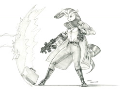 Size: 1400x1048 | Tagged: safe, artist:baron engel, imported from derpibooru, rarity, anthro, unguligrade anthro, unicorn, briefcase, female, force field, glowing, glowing horn, gun, horn, mare, monochrome, pencil drawing, simple background, solo, spy, story included, traditional art, weapon, white background