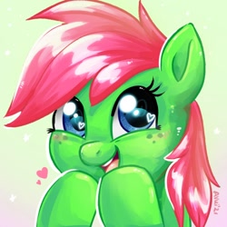 Size: 600x600 | Tagged: safe, artist:avui, imported from derpibooru, oc, oc only, oc:bubblegum, earth pony, pony, cute, female, happy, heart, mare, ocbetes, open mouth, open smile, smiling, solo