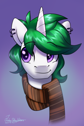 Size: 2000x3000 | Tagged: safe, artist:jedayskayvoker, imported from derpibooru, oc, oc only, oc:zenith night, pony, bust, clothes, cute, ear piercing, earring, gradient background, high res, icon, jewelry, male, patreon, patreon reward, piercing, portrait, scarf, solo, stallion