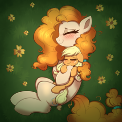 Size: 4000x4000 | Tagged: safe, artist:confetticakez, imported from derpibooru, applejack, pear butter, earth pony, pony, absurd resolution, blushing, cute, daaaaaaaaaaaw, duo, duo female, eyes closed, female, filly, filly applejack, flower, freckles, grass, hug, jackabetes, lying down, mare, mother and child, mother and daughter, on side, pearabetes, smiling, younger