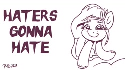 Size: 1200x675 | Tagged: safe, artist:pony-berserker, imported from derpibooru, pipp petals, pegasus, pony, g5, haters gonna hate, lineart, meme, my little pony: a new generation, not salmon, pippasprite, pony-berserker's twitter sketches, simple background, two legged creature, wat, white background