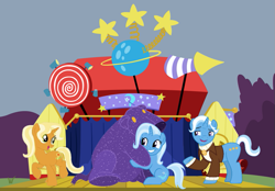 Size: 893x621 | Tagged: safe, artist:shield-wing1996, imported from derpibooru, jack pot, sunflower spectacle, trixie, bear, pony, unicorn, ursa, ursa minor, boast busters, base used, family, female, male, mare, plushie, stallion, trixie day, trixie's parents