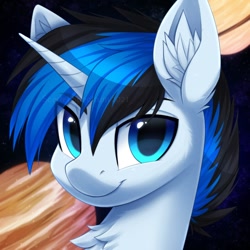 Size: 800x800 | Tagged: safe, artist:scarlet-spectrum, imported from derpibooru, oc, oc only, oc:solar gizmo, pony, unicorn, blue eyes, bust, chest fluff, commission, ear fluff, eyebrows, eyebrows visible through hair, headshot commission, horn, looking at you, male, planet, portrait, smiling, smiling at you, solo, stallion, two toned mane, unicorn oc