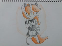 Size: 2064x1548 | Tagged: safe, artist:cherro, imported from derpibooru, oc, oc only, oc:kitty kit, semi-anthro, unicorn, clothes, maid, smiling, solo, traditional art