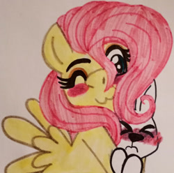 Size: 1280x1268 | Tagged: safe, artist:gtrombetta, imported from derpibooru, angel bunny, fluttershy, pegasus, pony, rabbit, :3, animal, blushing, cute, eyes closed, one eye closed, shyabetes, traditional art