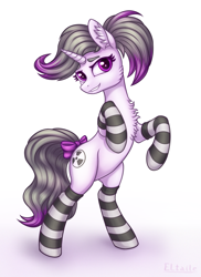 Size: 1477x2024 | Tagged: safe, artist:eltaile, imported from derpibooru, oc, oc only, oc:hazel radiate, pony, unicorn, bow, chest fluff, clothes, commissioner:biohazard, ear fluff, equine, eyebrows, eyelashes, female, highlights, horn, mare, ponytail, purple eyes, rearing, simple background, socks, solo, striped socks, tail, tail bow, unicorn oc, white background