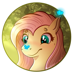 Size: 1931x1931 | Tagged: safe, artist:proxyemt, imported from derpibooru, fluttershy, butterfly, pegasus, pony, beanbrows, blushing, bust, butterfly on nose, cute, eyebrows, female, insect on nose, mare, shyabetes, signature, simple background, solo, transparent background