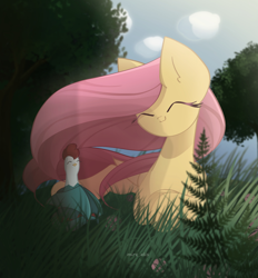 Size: 1900x2050 | Tagged: safe, artist:miryelis, imported from derpibooru, fluttershy, cockatrice, pegasus, pony, :3, cute, eyes closed, female, folded wings, grass, lying down, mare, outdoors, prone, shyabetes, smiling, solo, turned head, windswept mane, wings