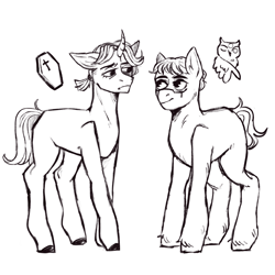 Size: 2048x2048 | Tagged: safe, artist:karamboll, imported from derpibooru, earth pony, pony, unicorn, aesop carl, crossover, eli clark, full body, high res, horn, identity v, male, short hair, sketch