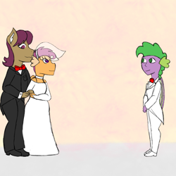 Size: 2048x2048 | Tagged: safe, artist:mintymelody, imported from derpibooru, scootaloo, snap shutter, spike, anthro, dragon, clothes, dragonified, dress, female, high res, male, marriage, request, scootadragon, scootaspike, shipping, species swap, straight, wedding, wedding dress