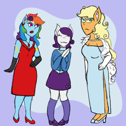 Size: 2048x2048 | Tagged: safe, artist:mintymelody, imported from derpibooru, applejack, rainbow dash, rarity, anthro, clothes, dress, female, high res, makeover