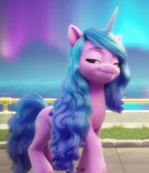 Size: 690x800 | Tagged: safe, imported from derpibooru, screencap, izzy moonbow, pony, unicorn, spoiler:my little pony: a new generation, bedroom eyes, cropped, female, g5, lidded eyes, looking at you, mare, my little pony: a new generation, smiling, solo