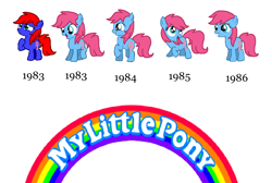 Size: 1200x808 | Tagged: safe, artist:piggyman54, imported from derpibooru, baby cuddles, earth pony, pony, 1980's, 1983, 1984, 1985, 1986, 80s, baby, baby pony, black text, confused, cuddlebetes, cute, evolution, female, filly, frown, g0 to g4, g1, g1 to g4, g4, generation leap, grin, logo, my little pony logo, my pretty pony, open mouth, open smile, raised hoof, raised leg, sad, simple background, smiling, text, white background