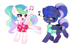 Size: 4895x3160 | Tagged: safe, artist:winnievincent, imported from derpibooru, princess celestia, princess luna, alicorn, pony, between dark and dawn, alternate hairstyle, clothes, cute, cutelestia, duo, duo female, female, hawaiian shirt, high res, lunabetes, mare, music notes, open mouth, open smile, royal sisters, shirt, siblings, simple background, sisters, smiling, white background